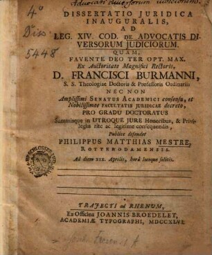 Dissertatio juridica inauguralis, Ad leg. XIV. cod. de advocatis diversorum judicorum