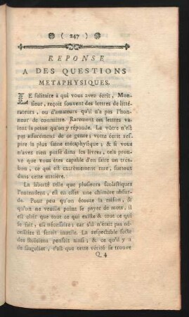 Reponse A Des Questions Metaphysiques