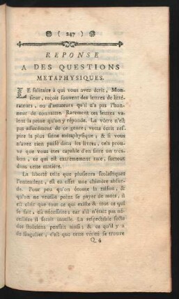 Reponse A Des Questions Metaphysiques