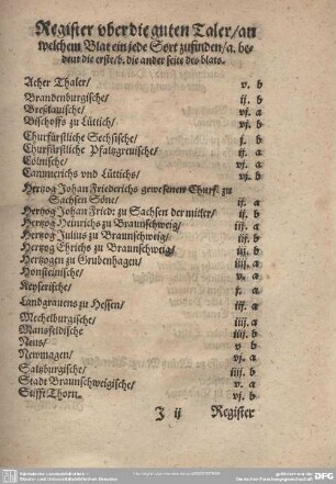 Register uber die guten Taler/ an welchem Blat ein jede Sort zufinden.