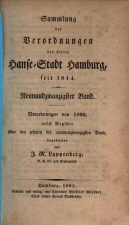 Sammlung der Verordnungen der Freyen Hanse-Stadt Hamburg, seit 1814. 29. 1860 (1861)