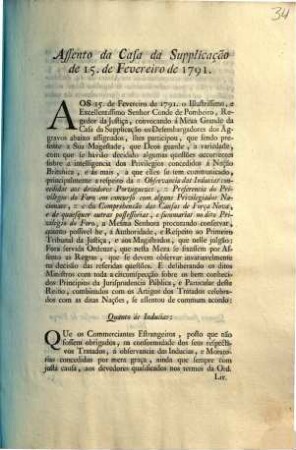 Assento da Casa da Supplicação de 15. de Fevereiro de 1791 : [... Lisboa a vinte e tres de Fevereiro de mil setecentos noventa e hum annos]