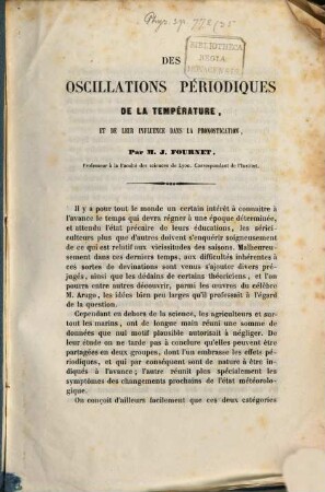 Des oscillations périodiques de la température, et de leur influence dans la pronostication