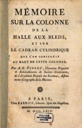 Memoire sur la Colonne de la halle aux Bleds
