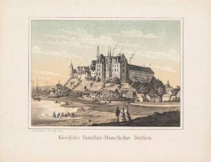 Die Albrechtsburg in Meißen, Blick von Nordwesten, von 1710 bis 1863 Produktionsstätte der Porzellanmanufaktur, aus dem "Album der sächsischen Industrie …", Bd. 1, 1856