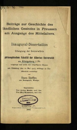 Beiträge zur Geschichte des ländlichen Gesindes in Preußen am Ausgange des Mittelalters