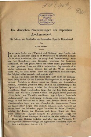 Die deutschen Nachahmungen des Popeschen "Lockenraubes" : ein Beitrag zur Geschichte des komischen Epos in Deutschland