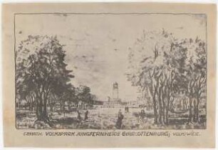 Volkspark Jungfernheide, Berlin-Charlottenburg: Perspektivische Ansicht: Blick über die Volkswiese zum Wasserturm