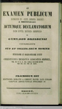 1844/45(1845): Ad examen publicum ... actumque declamatorium ... in Gymnasio Dresdensi concelebrandum humanissime et observantissime invitant