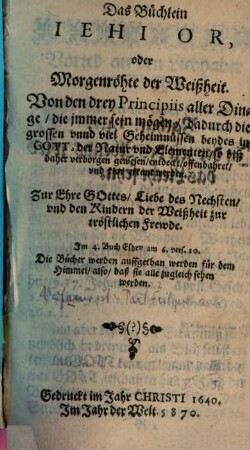 Das Büchlein Jehi or : oder Morgenröhte der Weißheit