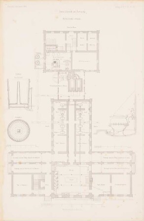 Irrenanstalt, Schwetz: Grundriss, Details Wirtschaftsgebäude (aus: Atlas zur Zeitschrift für Bauwesen, hrsg. v. G. Erbkam, Jg. 4, 1854)