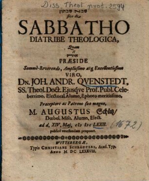 Šabbāt Šabbātôn sive de Sabbatho Diatribe Theologica