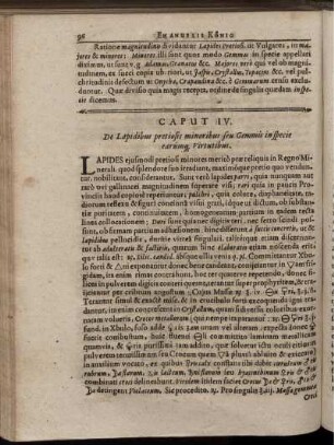 Caput IV. De Lapidibus pretiosis minoribus seu Gemmis in specie earumq[ue] Virtutibus.