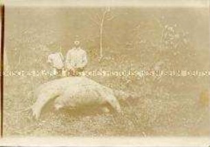 Jäger posiert mit einem am Fluss Ngoko erlegten Nilpferd