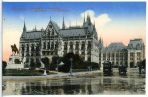Budapest. Parlament (1896). Südseite mit Andrássy-Denkmal (1906) : Budapest. Parlament (1885-1904; Imre Steindl, Eröffnung 1896). Ansicht der Südseite mit Reiterstandbild Gyula Andrássy (1906; György Zala) und Straßenbahn