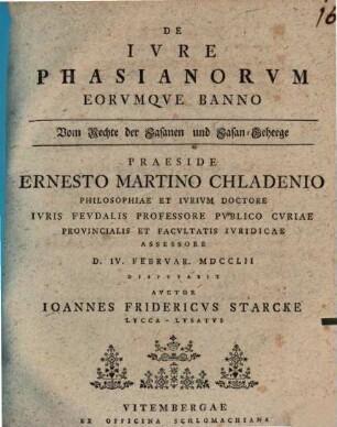 De ivre phasianorvm eorvmqve banno, Vom Rechte der Fasanen und Fasan-Geheege