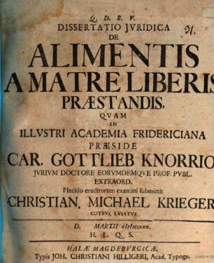 Dissertatio juridica de alimentis, a matre liberis praestandis