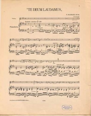 "Te deum laudamus" : Andante solenne per orchestra a corde e organo (o, invece dell organo, 2 clarinetti, 2 fagotti e 4 corni) ovvero per violino, viola, organo o harmonium, violoncello e contrabasso ; op. 28