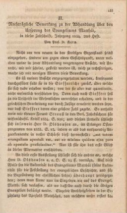 133-138 Nachträgliche Bemerkung zu der Abhandlung über den Ursprung des Evangeliums Matthei, in dieser Zeitschrift, Jg. 1834 2tes Heft