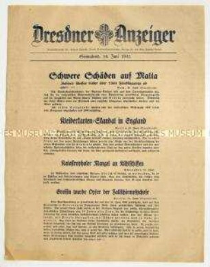 Nachrichtenblatt "Dresdner Anzeiger" u.a. zu italienischen Luftangriffen auf Malta