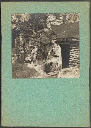 Otto Dix als Soldat in Frankreich ("Waldlager St. M."). (1916). 7,8 x 8,0 cm. Verso fragmentarischer Autograph. Montiert auf Cartonblatt 14,9 x 10,5 cm, dieses verso bezeichnet "Dix 17" (Datierung wohl falsch) : Otto Dix als Soldat in Frankreich ("Waldlager St. M."). (1916). 7,8 x 8,0 cm. Verso fragmentarischer Autograph. Montiert auf Cartonblatt 14,9 x 10,5 cm, dieses verso bezeichnet "Dix 17" (Datierung wohl falsch). Reproduktion aus Teilnachlass Marga Kummer (1892-), SLUB Mscr.Dresd.App.2581