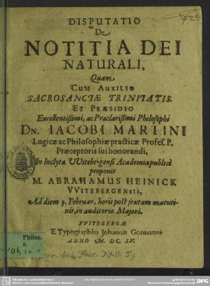 1: Disputatio de notitia Dei naturali
