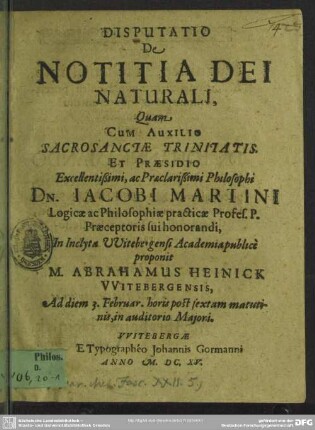 1: Disputatio de notitia Dei naturali