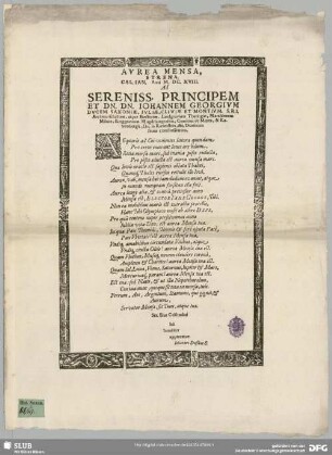 Aurea Mensa, Strena. Cal. Ian. Anni M. DC. XVIII. Ad Sereniss. Principem ... Iohannem Georgium Ducem Saxoniae ...Electorem