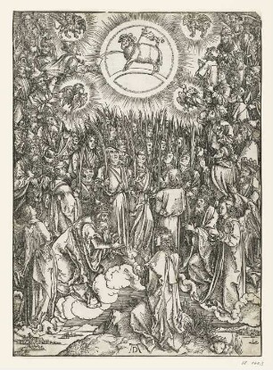 Lobgesang der Auserwählten im Himmel / Anbetung des Lammes, Blatt 12 aus: Albrecht Dürer, Die heimlich offenbarung iohannis, Nürnberg 1498
