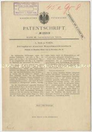 Patentschrift eines zerlegbaren eisernen Dreschmaschinenkorbes, Patent-Nr. 23319