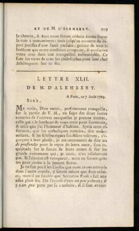 109-119, Lettre XLII. de M. d'Alembert. - Lettre XLVII. de M. d'Alembert.