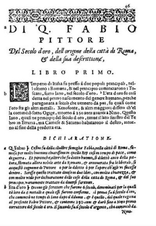 Di Q. Fabio Pittore Del Secolo d'oro, dell origine della città di Roma, & della sua descrittione, Libro Primo.
