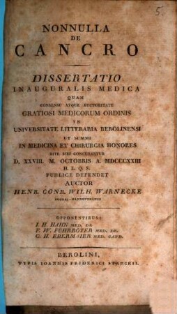 Nonnulla de cancro : diss. inaug. med.
