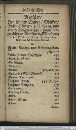 Register, Der jenigen Länder, Völcker, Stätt, Oehrter, Flüß, Berg, und anderer Dingen, welche in disem Geographischen Wercklein begriffen seynd; ...