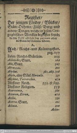 Register, Der jenigen Länder, Völcker, Stätt, Oehrter, Flüß, Berg, und anderer Dingen, welche in disem Geographischen Wercklein begriffen seynd; ...