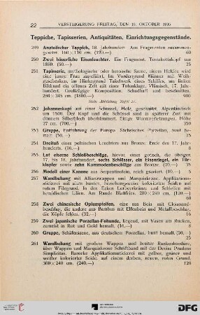 Tapisserien, Teppiche, Antiquitäten, Einrichtungsgegenstände (Nr. 249-305)