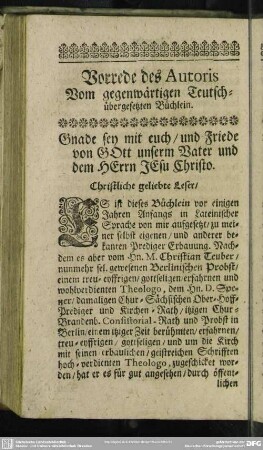 Vorrede des Autoris : Vom gegenwärtigen Teutschübergesetzten Büchlein