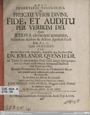 Dissertatio Theologica De Fructu Verbi Divini, Fide, Et Auditu Per Verbum Dei
