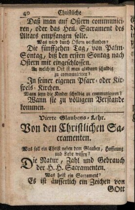 Vierte Glaubens-Lehr. Von den Christlichen Sacramenten.