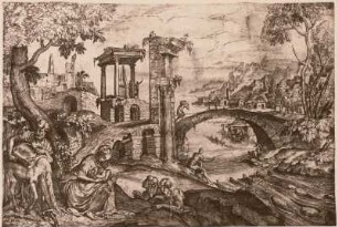 Heilige Familie vor Landschaft mit Brücke und antiken Ruinen