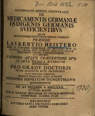 Dissertatio Medica Inavgvralis De Medicamentis Germaniae Indigenis Germanis Svfficientibvs