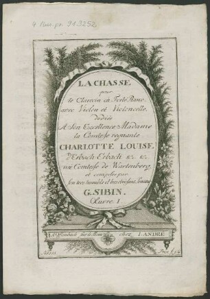 La chasse : pour le clavecin ou forte piano avec violon et violoncelle ; oeuvre 1