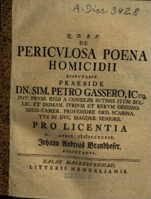 De Pericvlosa Poena Homicidii
