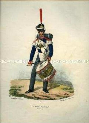 Uniformdarstellung, Tambour des 2. Grenadier-Garde-Regiments, Preußen 1830. Aus: Elzholz u.a.: Das Preussische Heer. Tafel 2.