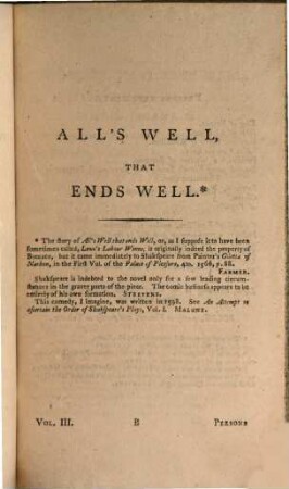 The Plays Of William Shakspeare : Accurately Printed From The Text Of Mr. Steevens's Last Edition. With A Selection Of The Most Important Notes. In Eight Volumes, 3. All's Well, That Ends Well; Taming Of The Shrew; Winter's Tale; Comedy Of Errors; MacBeth