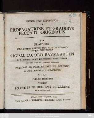 Dissertatio Theologica De Propagatione Et Gradibvs Peccati Originalis