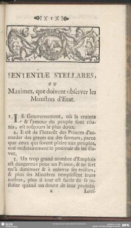 Sententiae Stellares, ou Maximes, que doivent observer les Ministres d´Etat