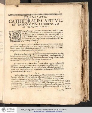 Translatio Cathedralis Capitvli Et Tribvnalvm Leodiensivm ad Oppodvm Hvense.