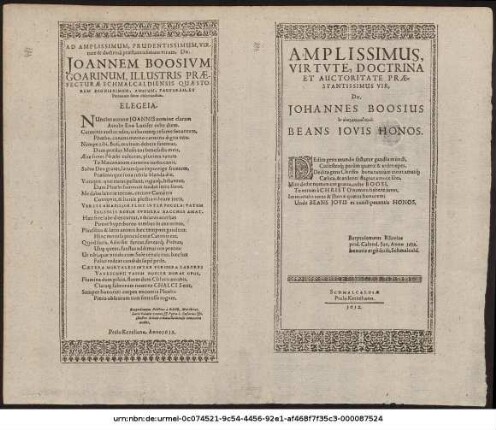 Ad Amplissimum, Prudentissimumn, Virtutte & doctrinâ praestantissimum Virum, Dn. Joannem Boosium Goarinum, Illustris Praefecturae Schmalcaldiensis Quaestorem Dignissimum, Amicum, Fautorem, Et Patronum suum observandum : Elegia ... Barptolomaeus Bilovius à Bilow, Marchicus, Sacri Palati Comes, & Poëta L. Caesarius &c. illustris Scholae Schmalcaldensis Senatoria Rector