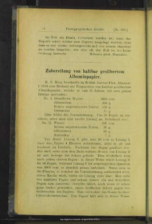 Zubereitung von haltbar gesilbertem Albuminpapier